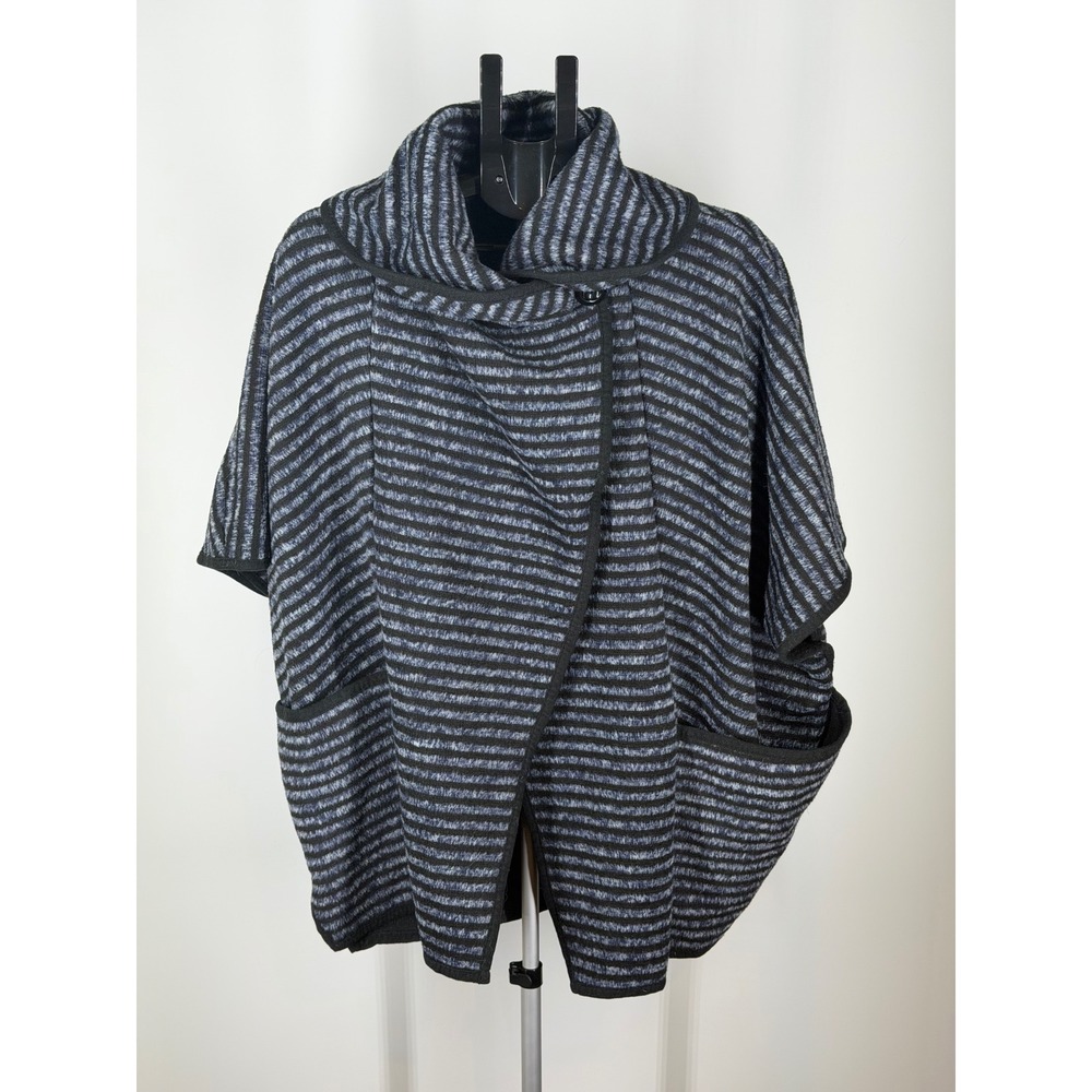 Womens Grey Black Striped Knit Poncho Wrap Cowl Neck Button Closure OS